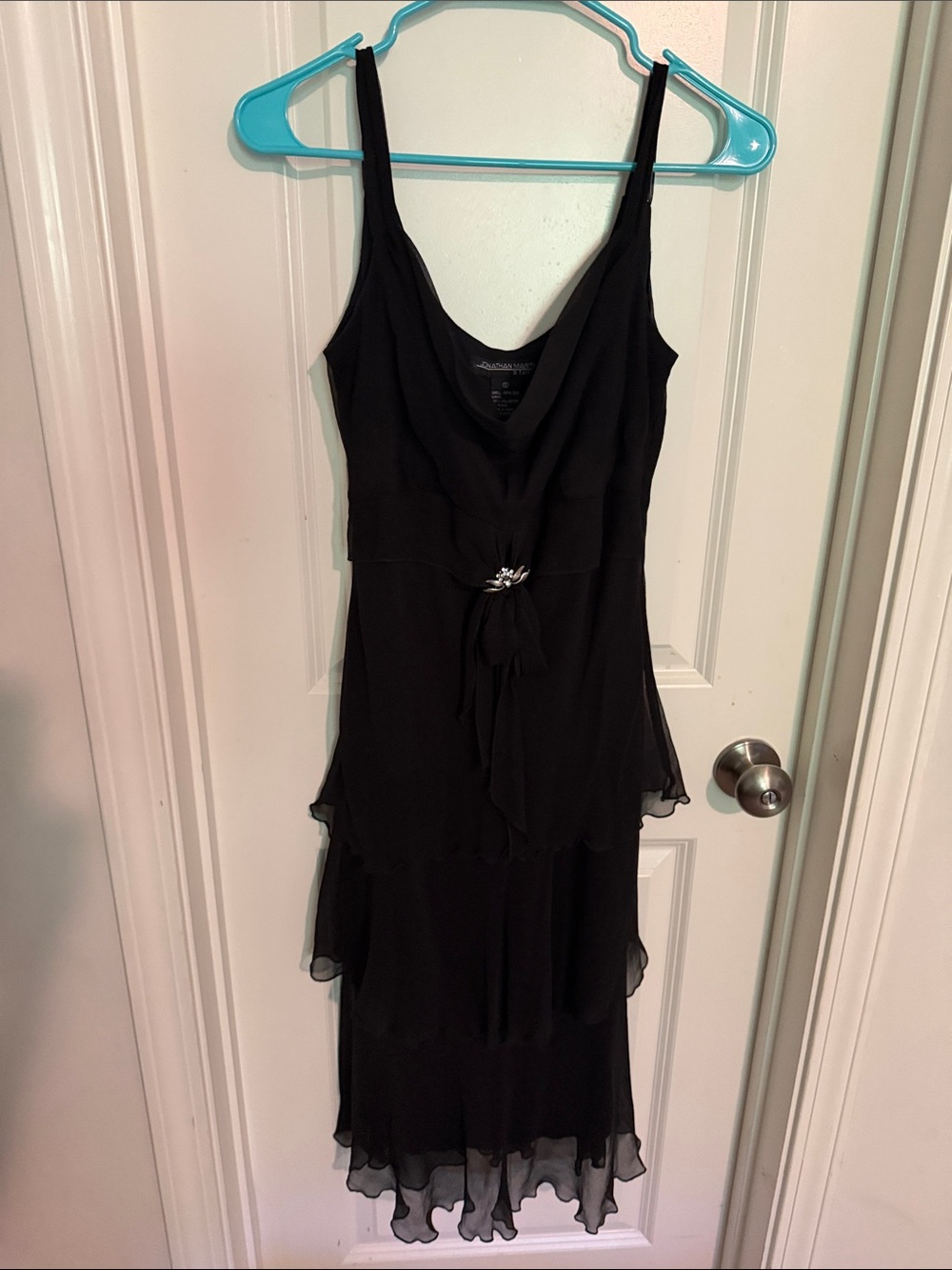 jonathan martin Black Tiered Chiffon Maxi Dress with Jeweled Waist Accent